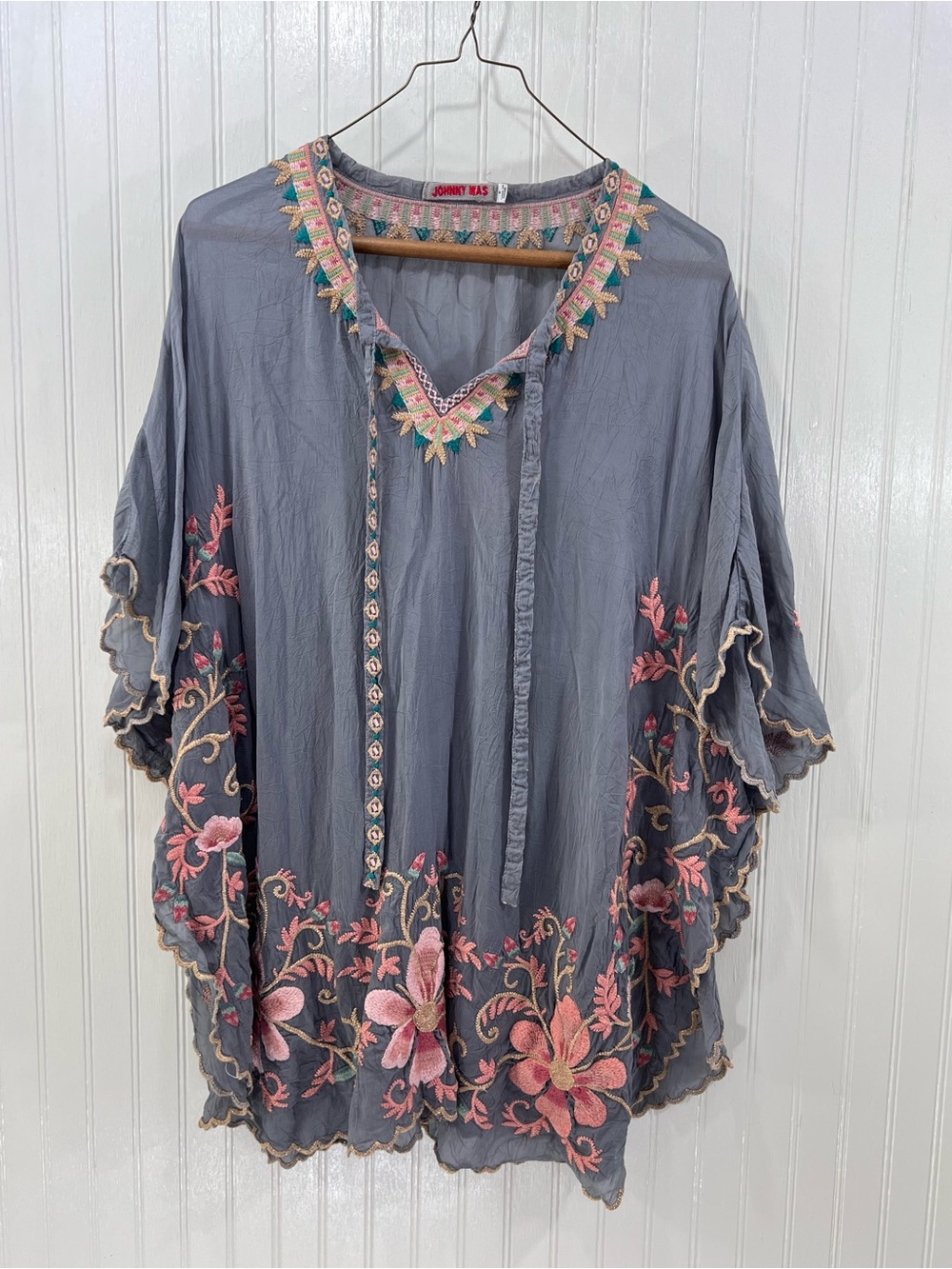 Johnny Was Gray Floral Embroidered Boho Festival Poncho Tunic Top S